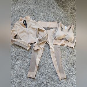 O to THREE  piece Camel BLACK 3 Piece  workout set size Large JACKET BRA PANT
